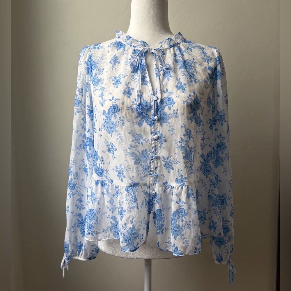 by & by Blue Floral Tie Neck Peplum Blouse Sheer Romantic Top M
